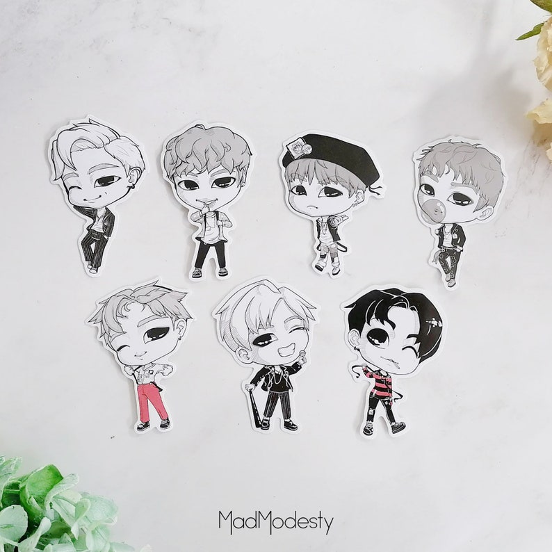 BTS stickers bangtan art chibi OT7, Namjoon, RM, Yoongi, suga, Jin, J-hope, hoseok, Jimin, V, Taehyung, Jungkook war of hormone vinyl image 1