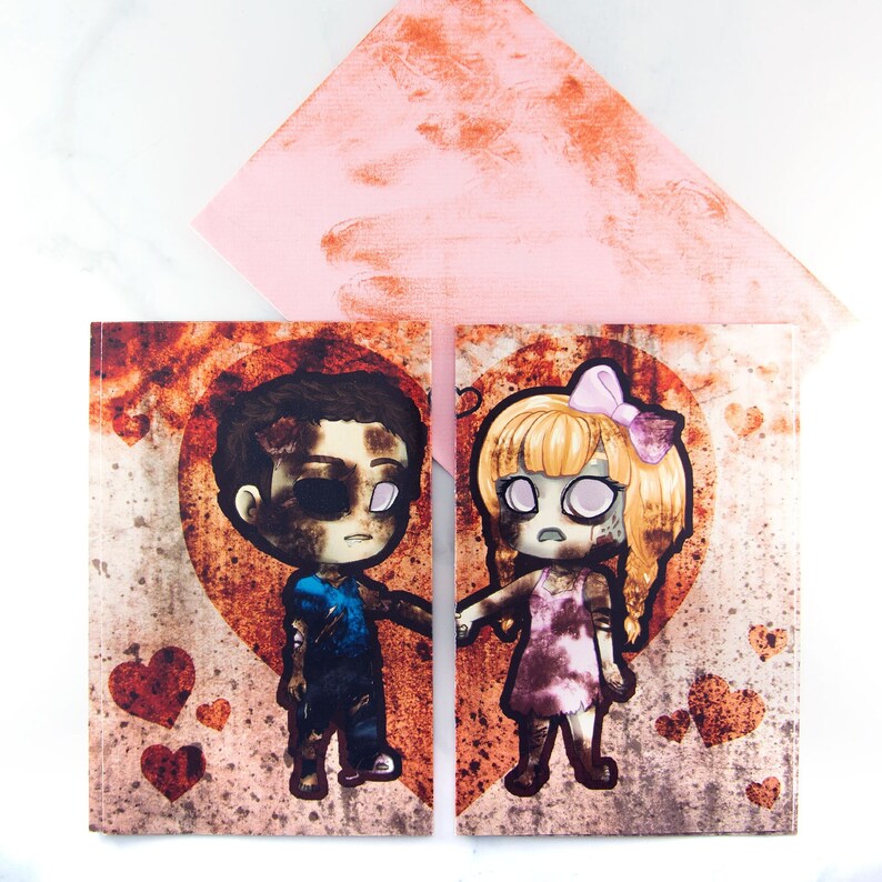 Cute chibi zombie couple / apocalypse valentine card / matching BFF halloween charms / kawaii zombie gift gothic creepy image 1