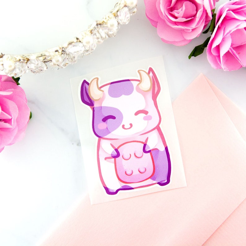 Kawaii chibi baby pink cow sticker cute anime manga animal strawberry milk pastel theme planner stationery image 1