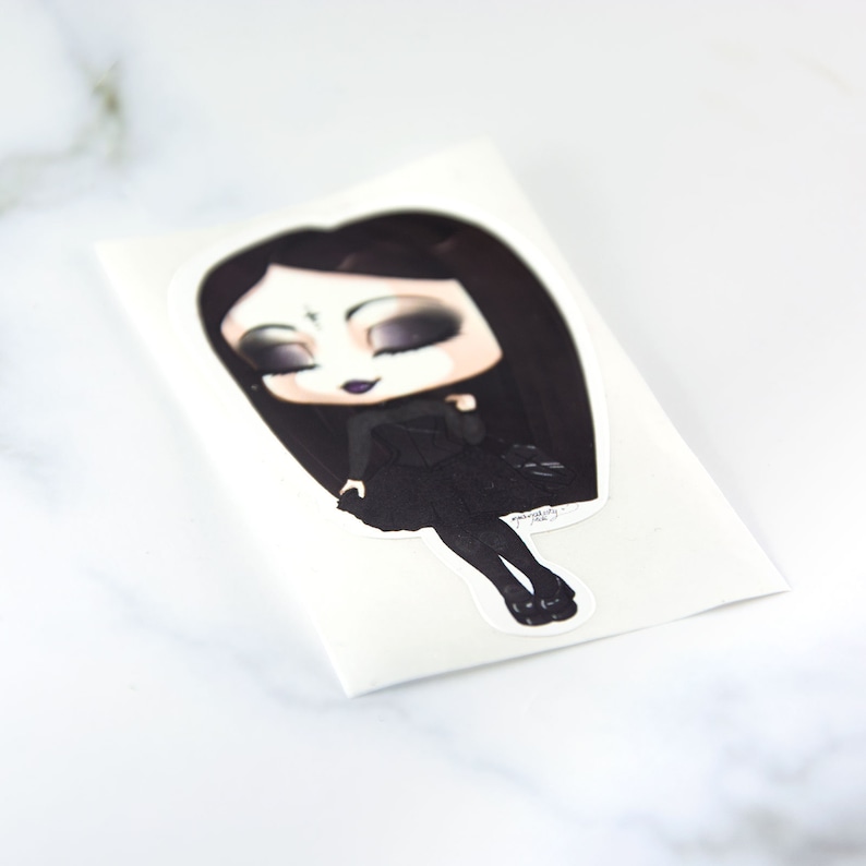 Cute chibi elegant goth girl sticker art classic gothic lady fashion planner dark stationery gift Wednesday addams image 2