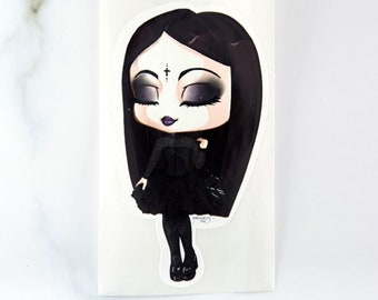 Cute chibi elegant goth girl sticker art - classic gothic lady fashion planner - dark stationery gift - Wednesday addams