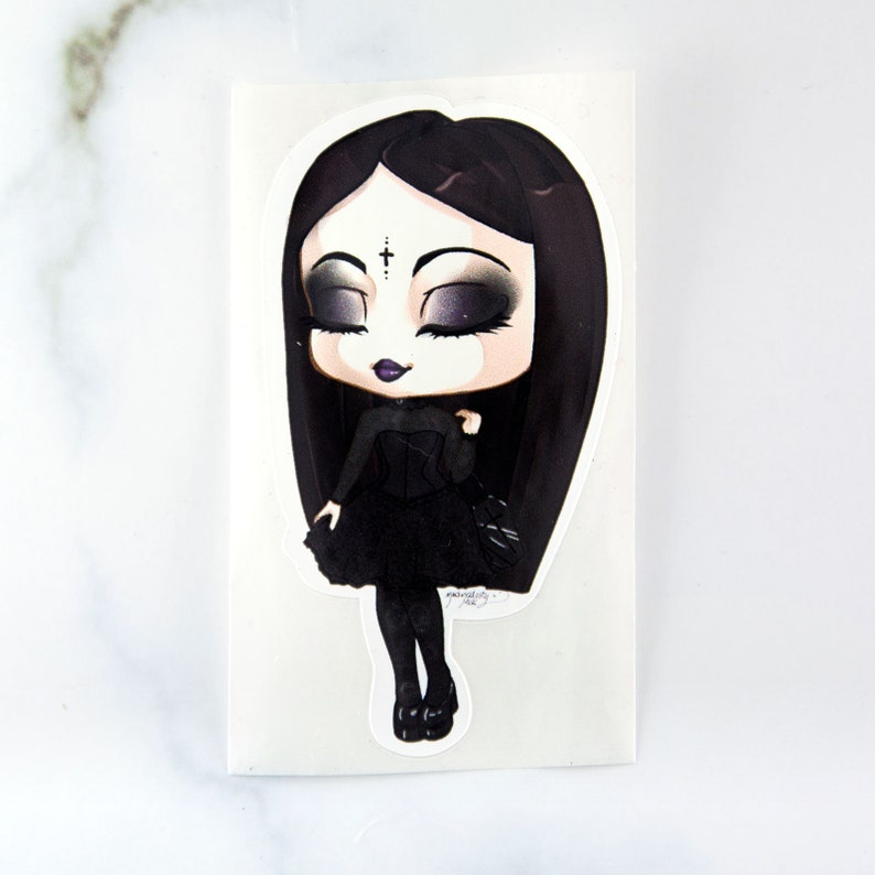 Cute chibi elegant goth girl sticker art classic gothic lady fashion planner dark stationery gift Wednesday addams image 1