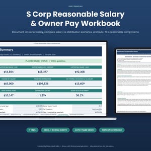 May include: A digital workbook titled S Corp Reasonable Salary & Owner Pay Workbook displayed on a laptop and tablet screen. The interface shows an Annual Summary dashboard with financial data, salary ranges, and a Reasonable Compensation Memo document.