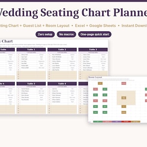 Hochzeitssitzplan-Planer-Tabelle, Tischzuweisung, Gästeliste und Raumaufteilungsvorlage für Excel & Google Sheets