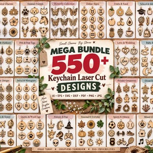Pode incluir: Uma coleção de pingentes de madeira cortados a laser organizados em cartões temáticos. A placa central diz: Small Charms Big Stories, MEGA BUNDLE 550+ Keychain Laser Cut DESIGNS, AI EPS SVG DXF PDF PNG JPG.