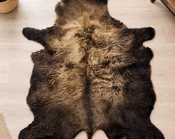 Puede incluir: Una alfombra de piel animal de forma irregular con pelo largo y grueso en un degradado de marrón oscuro en los bordes que transiciona a un tono marrón dorado más claro hacia el centro, con una silueta natural y orgánica.