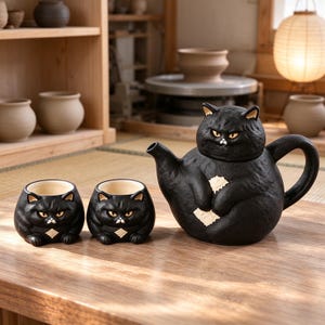 Tetera de cerámica con diseño de gato negro gruñón, tetera con forma de animalito, vajilla original, decoración divertida para la cocina, regalo único para amantes de los gatos.