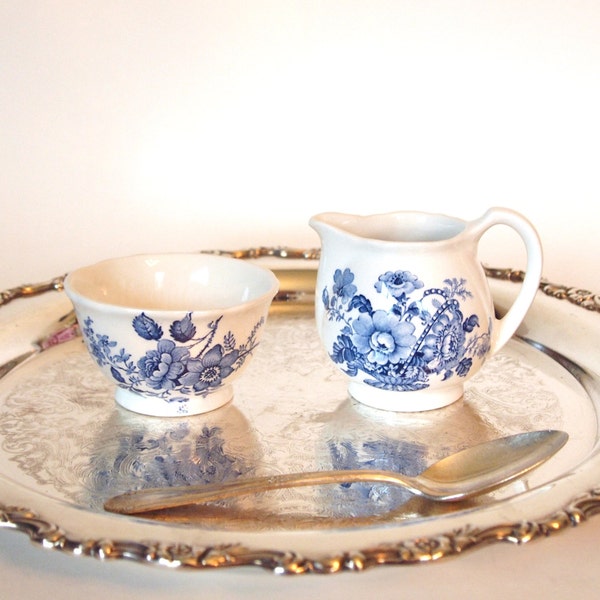 Royal Crownford Charlotte English Ironstone Cream and Sugar Set - Blue and White Floral