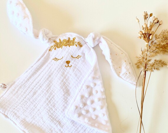 Blanket square rabbit Embroidered Gauze WHITE / Back Minky White - TO CUSTOMIZE - 27 cm x 27 cm - gift birth