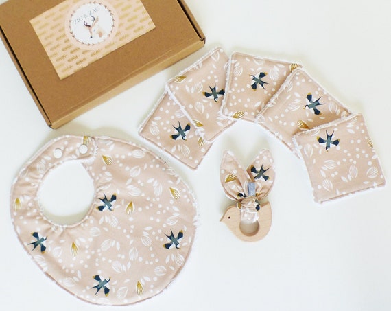 BOX Birth - BIRDS Pink Nude - Bib 0 / 12 MONTHS + Teething ring + 5 Wipes - baby birth gift - baby girl gift