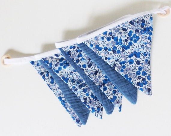 Garland 7 pennants in Liberty Wiltshire BLUE / Cotton Gauze Blue- Decoration baby room - liberty garland - mixed birth gift