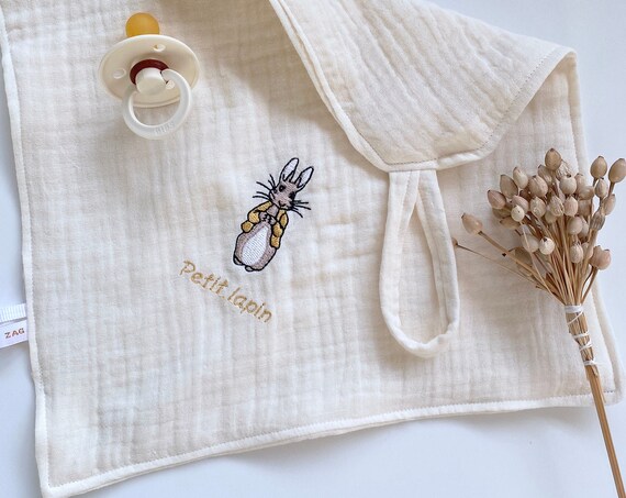 Doudou lange gauze attachment personalized pacifier - ECRU - Embroidery Rabbit Gold - 28 cm x 28 cm - oekotex - gift birth -