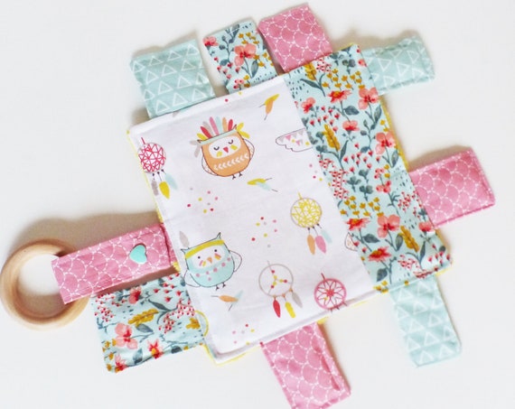 DOUDOU square labels in NES fabrics / minkee back - birth gift - lollipop fastener - teething ring