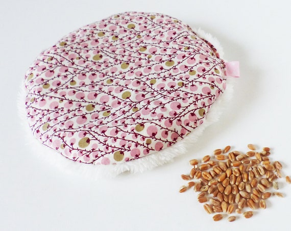 Round Wheat Hot Water Bottle Small Model 16 cm -Liberty PINK fabric / Unbleached fur - gift idea - hotpad - child hot water bottle - washable