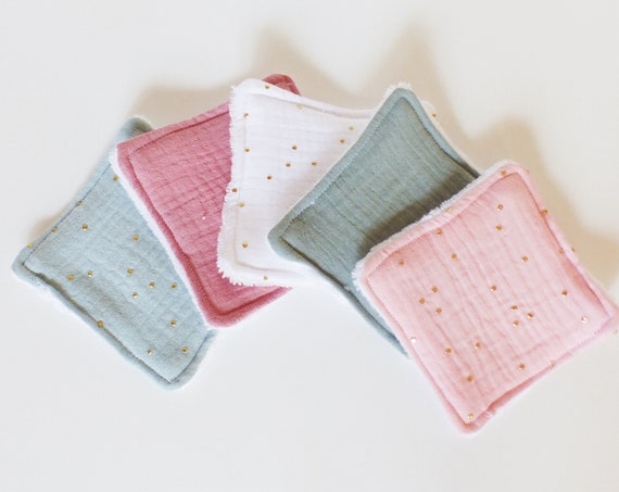 Washable make-up remover cottons - 10 x 10 cm - ROSE/green/white cotton gaze fabrics - Oekotex - Zero Waste Washable Wipes