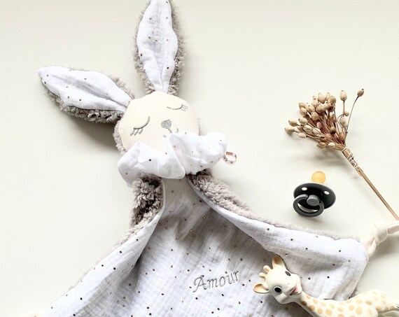Large Doudou LAPIN cotton gauze WHITE pea gold / Grey fur - 55 cm - embroidery
