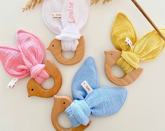 Rattle / Montessori Teething Ring Beech Wood / Double Cotton Gauze - OEKOTEX - Baby Gift - Bird - CHOICE