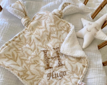 Doudou GABRIELLA rabbit ears GAZE FOILLAGE beige / Sherpa Milk back - 27 cm x 27 cm - birth gift - embroidery - gauze comforter