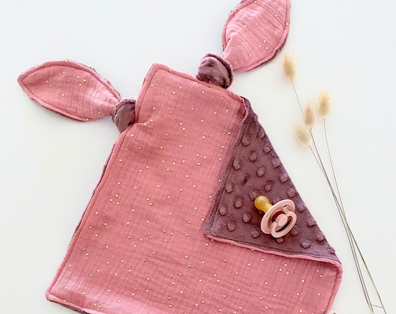 Square blanket with rabbit ears GAZE Rose Tea Pea GOLD / Back Minky Pink - 27 cm x 27 cm - birth gift