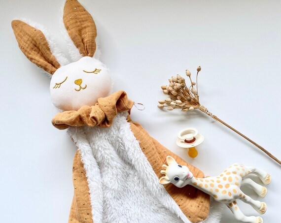 Large Doudou LAPIN cotton gauze CAMEL/ White fur - 55 cm - embroidery