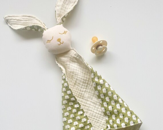 Doudou LAPIN FABRIC green flower / cotton gauze Ecru - customization on order