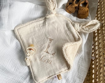 Doudou GABRIELLA rabbit ears ECRU GAZE / Ecru Sherpa back - 27 cm x 27 cm - birth gift - embroidery - gauze comforter