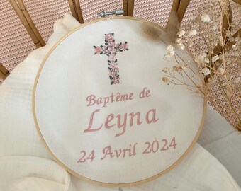 CUSTOMIZABLE embroidered BAPTISM Tambourine frame of your choice / Knot - Gauze - 20 cm - Baptism decoration - baptism gift