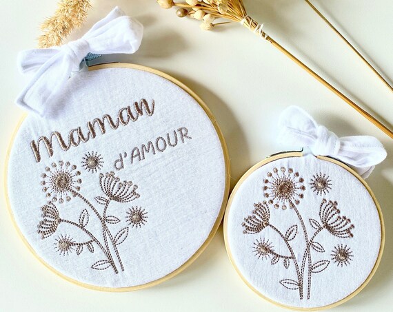 Embroidered Tambourine Frame Mother's Day / Dandelions - White / Beige Gauze - Choice of
