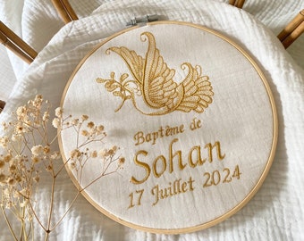 Tambourine BAPTISM DOVE CUSTOMIZABLE embroidery frame of your choice / Knot - Gauze - 20 cm - Baptism decoration - baptism gift