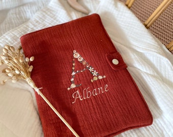 TERRACOTTA Embroidered Health Book Cover - Embroidered and Personalized Cotton Gauze - Embroidered Initial + First Name