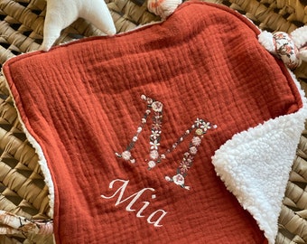 Doudou MIA rabbit ears GAZE TERRACOTTA / Sherpa Milk back - 27 cm x 27 cm - birth gift - embroidery - gauze comforter