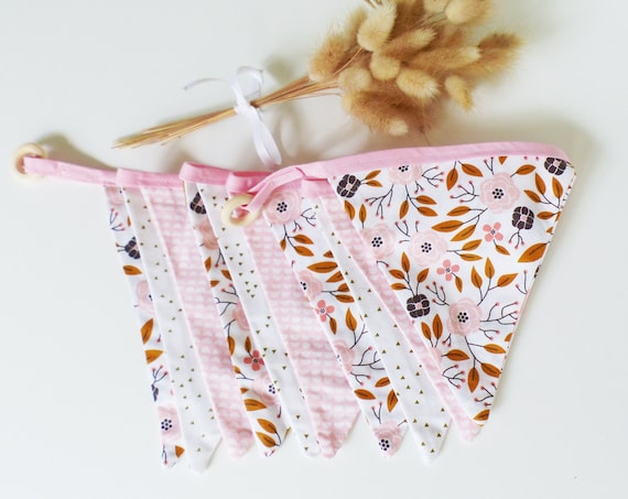 Garland 10 pennants in FABRIC Flowers Pink - CAMEL - pink - White - Decoration baby room - gift idea -girl room
