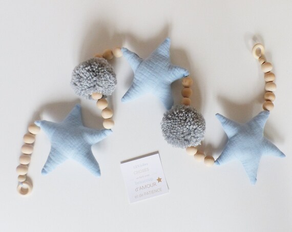 Garland ETOILES blue cotton gauze and gray POMPOMS / raw wood pearls - birth gift - decoration baby room