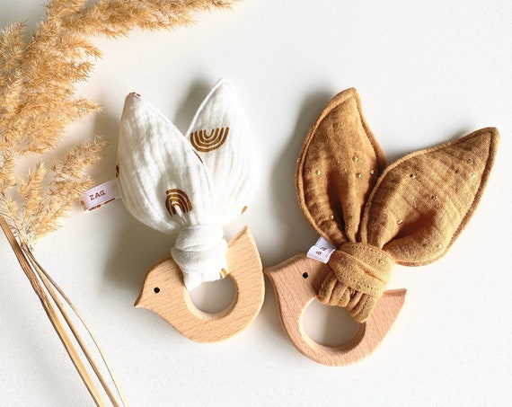 Rattle -Montessori wood teething ring / Cotton gauze - Oekotex - baby gift - Bird - CHOICE