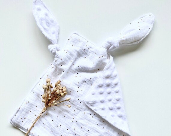 Square blanket with rabbit ears GAZE White PEA gold / Back Minky WHITE - 27 cm x 27 cm - birth gift