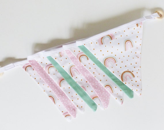 Garland 9 pennants in Pink / Green / White Rainbow Fabric - Decoration little girl room - gift idea