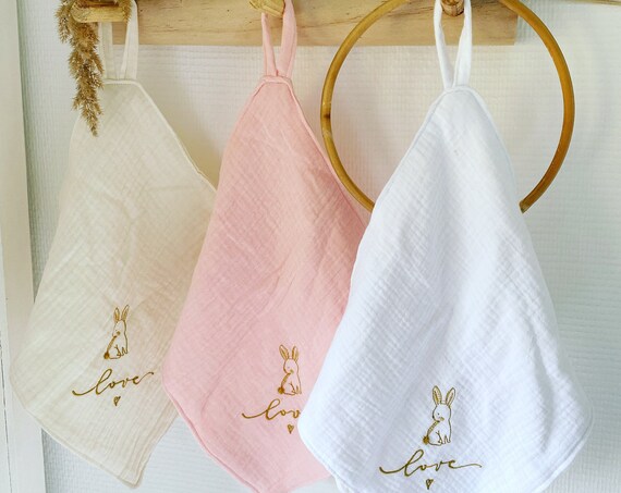 Doudou lange gauze attachment personalized nipple - choice - Embroidery Rabbit Gold - 28 cm x 28 cm - oekotex - gift birth -