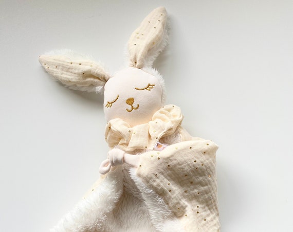 Large Doudou LAPIN cotton gauze ECRU pea gold/ Fur Brush - 55 cm - embroidery