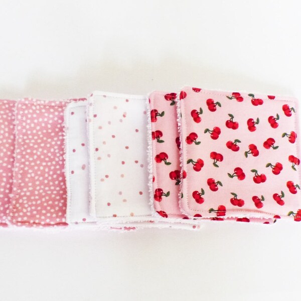 Lot de 6 lingettes lavables en  éponge rose et tissus CERISES rouges- POIS rose et blanc