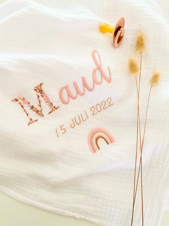 LANGE Pure WHITE or Ecru Triple Cotton Gauze - Initial Embroidery Flower + First Name + Date of Choice - Baby Swaddling Blanket