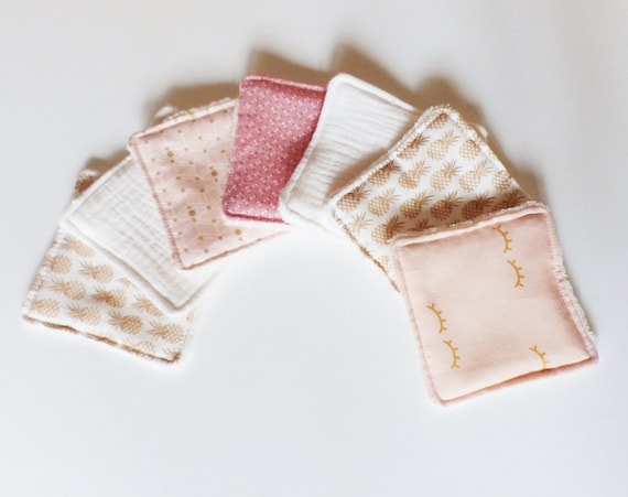 SEMAINIER of LINGETTES washable make-up remover - 10 x 10 cm -ROSE Fabrics /Ananas / Gold - Oekotex - Zero Waste - gift idea