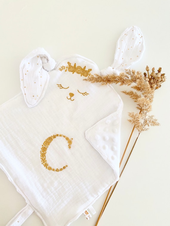 RESERVED Order birth list- Doudou square rabbit Embroidered Gauze WHITE / Back Minky White