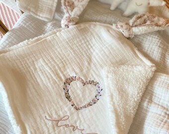 Rabbit comforter - COEURFLEUR & Love embroidery - Gauze / Sherpa back - - 27 cm x 27 cm - birth gift - In stock