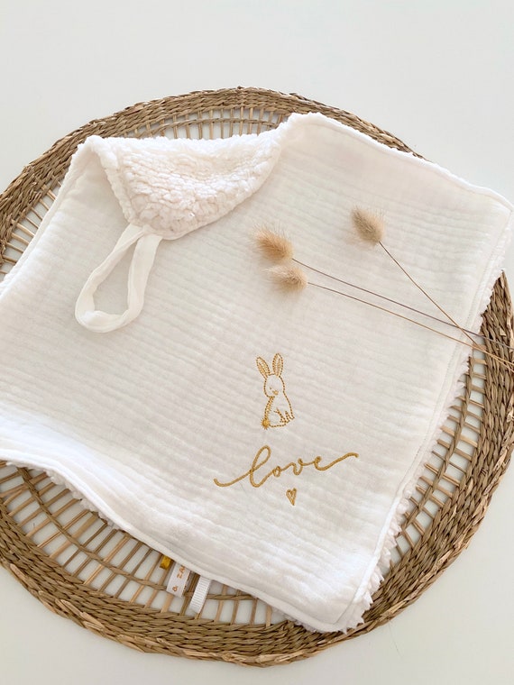 Doudou lange gauze attachment personalized nipple - Gaze Brush / Back fur - Embroidery - 28 cm x 28 cm - oekotex - gift birth -