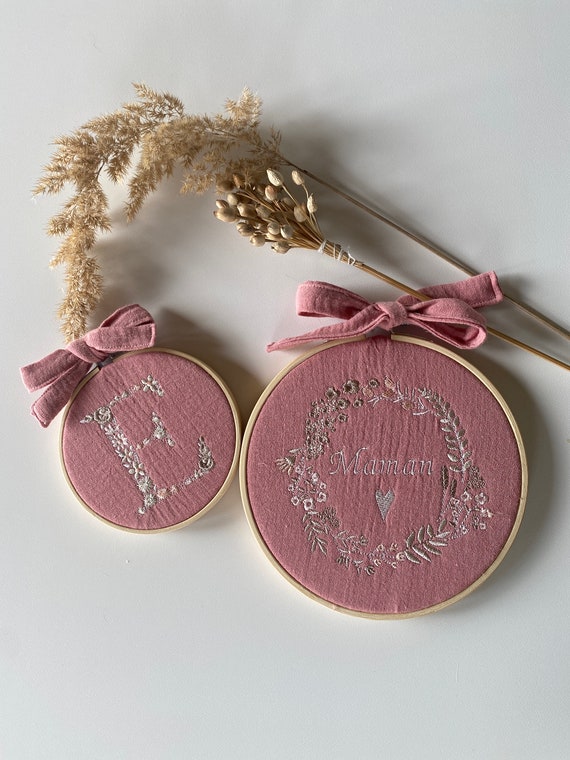 Embroidered Tambourine Frame Mother's Day / Initial - Gaze ROSE Tea / Beige - Choice of