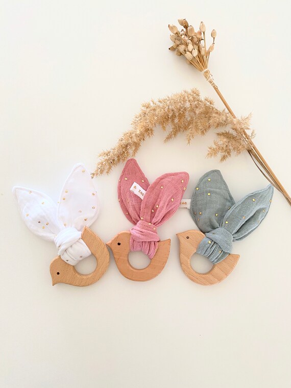 Rattle -Montessori wood teething ring / Cotton gauze - Oekotex - baby gift - Bird - CHOICE