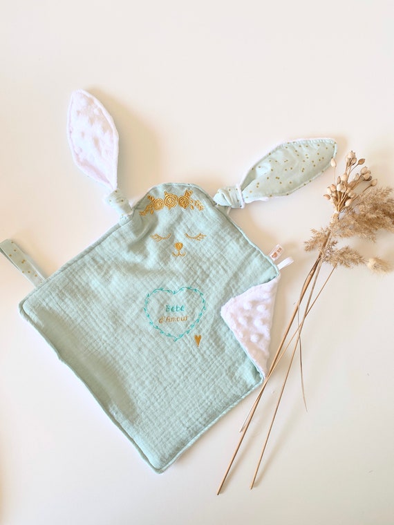 Blanket square Rabbit Embroidered GAZE GREEN sage / Back Minky WHITE - 27 cm x 27 cm - gift birth