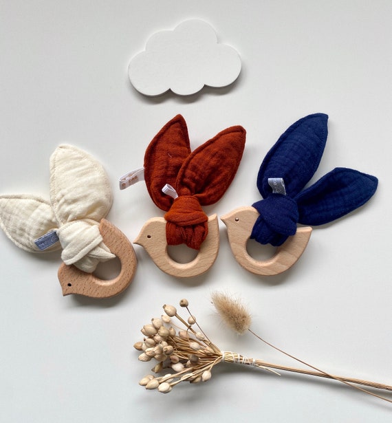 Rattle / Teething ring Montessori wood and fabrics Double Cotton Gauze - OEKOTEX - baby gift - Bird - CHOICE