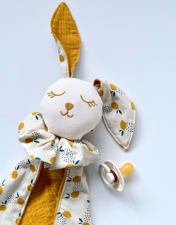 Large Doudou LAPIN LEMON /cotton gauze Mustard - 55 cm - optional embroidery
