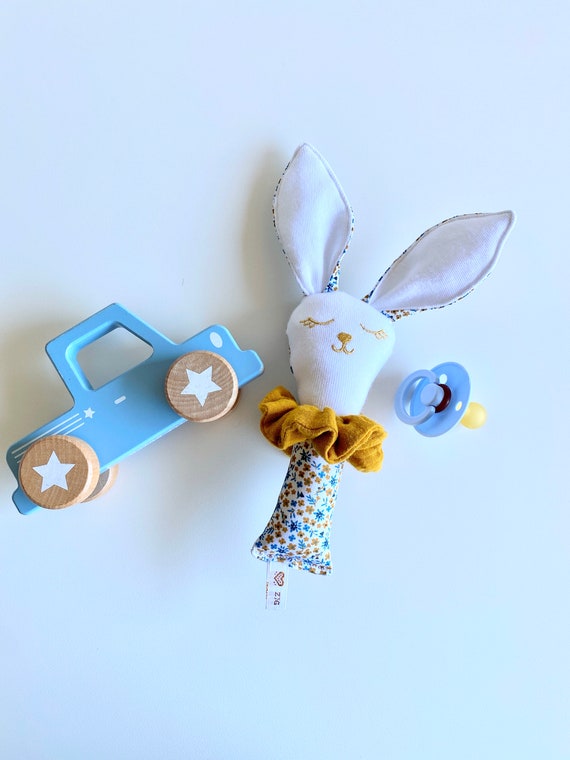 Small RABBIT rattle in blue fabric Small flowers - birth gift - baby -
